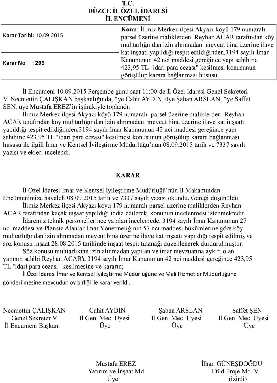 edildiğinden,3194 sayılı İmar Kanununun 42 nci maddesi gereğince yapı sahibine 423,95 TL "idari para cezası" kesilmesi konusunun görüşülüp karara bağlanması hususu. İl Encümeni 10.09.