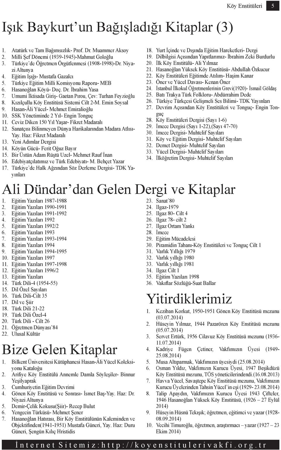 Kızılçullu Köy Enstitüsü Sistemi Cilt 2-M. Emin Soysal 9. Hasan-Âli Yücel- Mehmet Emiralioğlu 10. SSK Yönetiminde 2 Yıl- Engin Tonguç 11. Ceviz Diken 150 Yıl Yaşar- Fikret Madaralı 12.