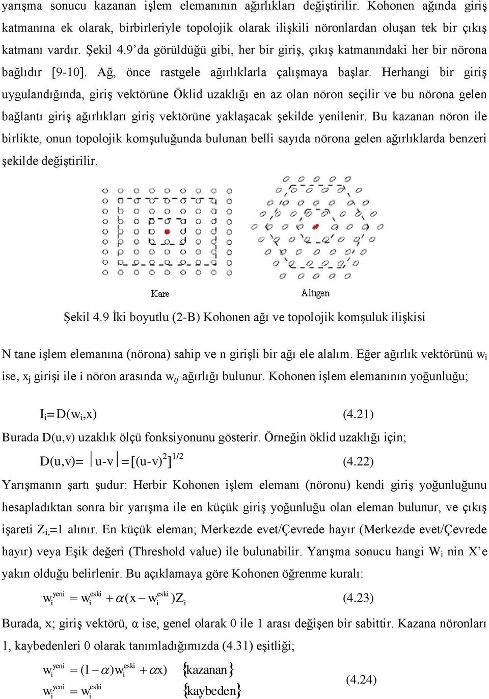 Herhang br grş yglandığında, grş vektörüne Ökld zaklığı en az olan nöron seçlr ve b nörona gelen bağlantı grş ağırlıkları grş vektörüne yaklaşacak şeklde yenlenr.