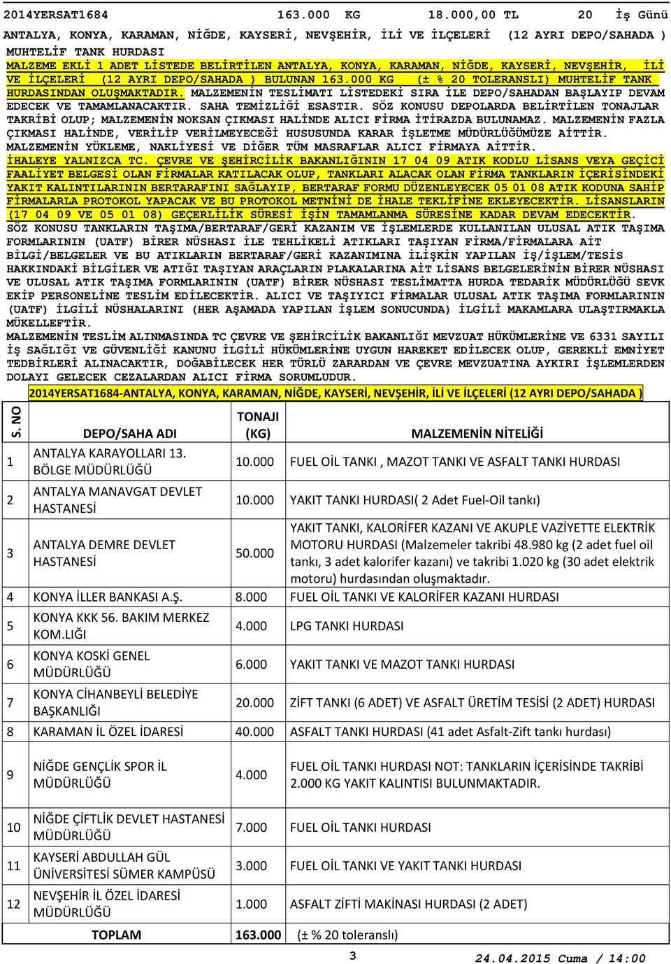 KAYSERİ, NEVŞEHİR, İLİ VE İLÇELERİ ( AYRI DEPO/SAHADA ) BULUNAN 6.000 KG (± % 0 TOLERANSLI) MUHTELİF TANK HURDASINDAN OLUŞMAKTADIR.