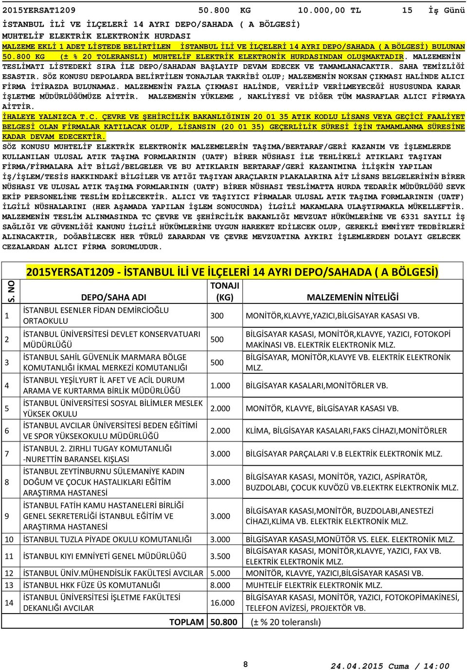 BÖLGESİ) BULUNAN 0.800 KG (± % 0 TOLERANSLI) MUHTELİF ELEKTRİK ELEKTRONİK HURDASINDAN OLUŞMAKTADIR. MALZEMENİN TESLİMATI LİSTEDEKİ SIRA İLE DEPO/SAHADAN BAŞLAYIP DEVAM EDECEK VE TAMAMLANACAKTIR.