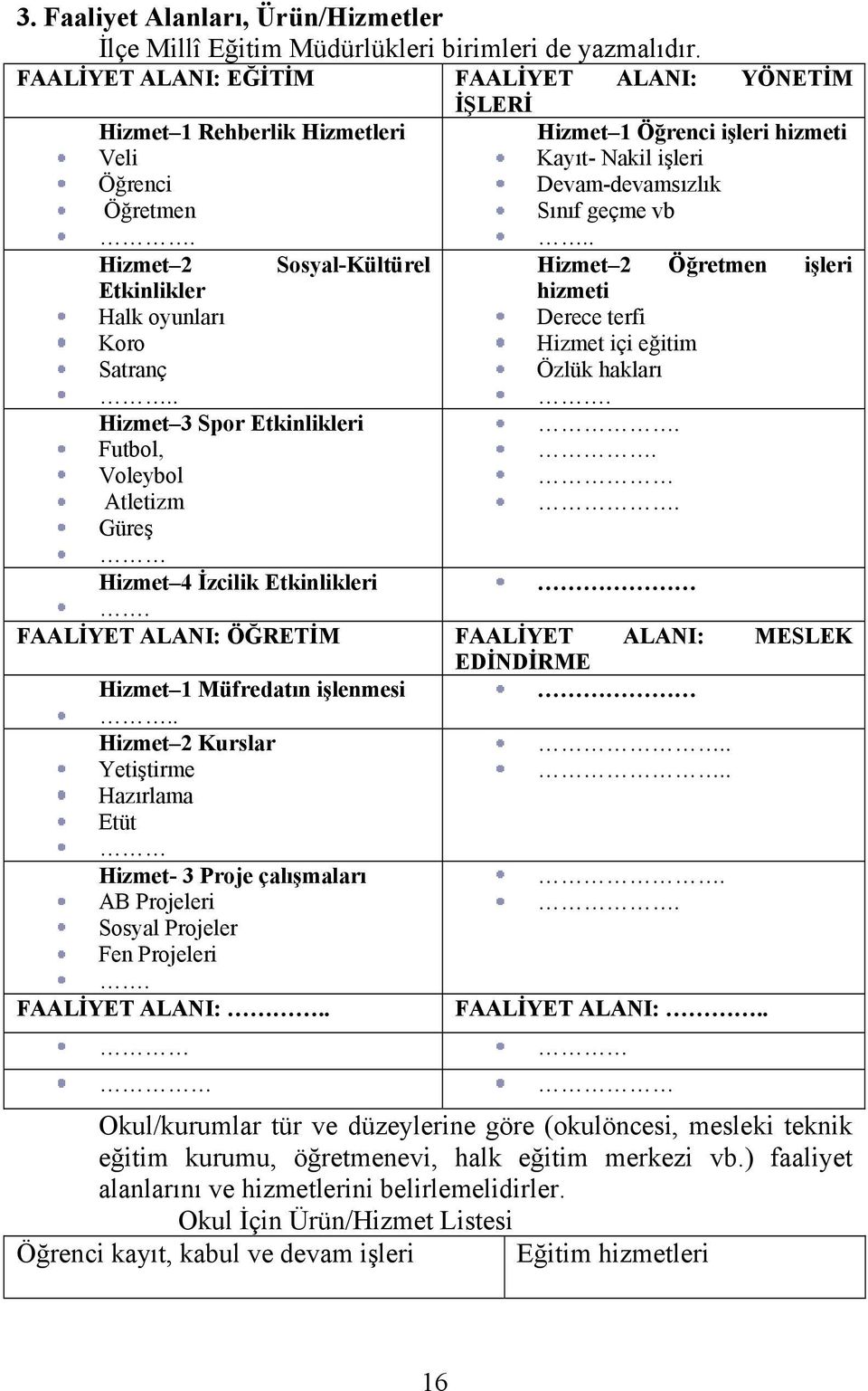 . Sosyal-Kültürel Hizmet 3 Spor Etkinlikleri Futbol, Voleybol Atletizm Güreş Hizmet 1 Öğrenci işleri hizmeti Kayıt- Nakil işleri Devam-devamsızlık Sınıf geçme vb.