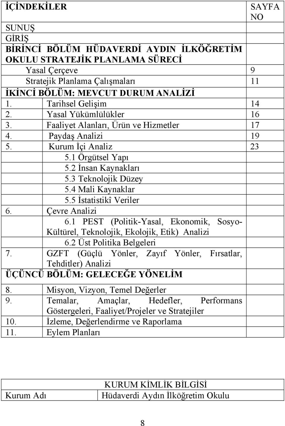 4 Mali Kaynaklar 5.5 İstatistikî Veriler 6. Çevre Analizi 6.1 PEST (Politik-Yasal, Ekonomik, Sosyo- Kültürel, Teknolojik, Ekolojik, Etik) Analizi 6.2 Üst Politika Belgeleri 7.