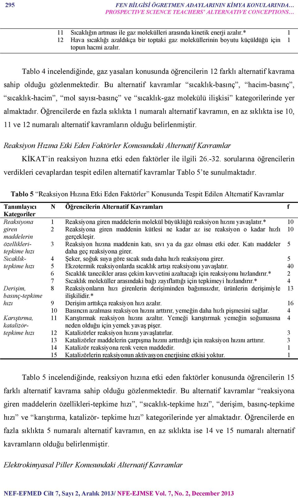 Tablo 4 incelendiğinde, gaz yasaları konusunda öğrencilerin 12 farklı alternatif kavrama sahip olduğu gözlenmektedir.