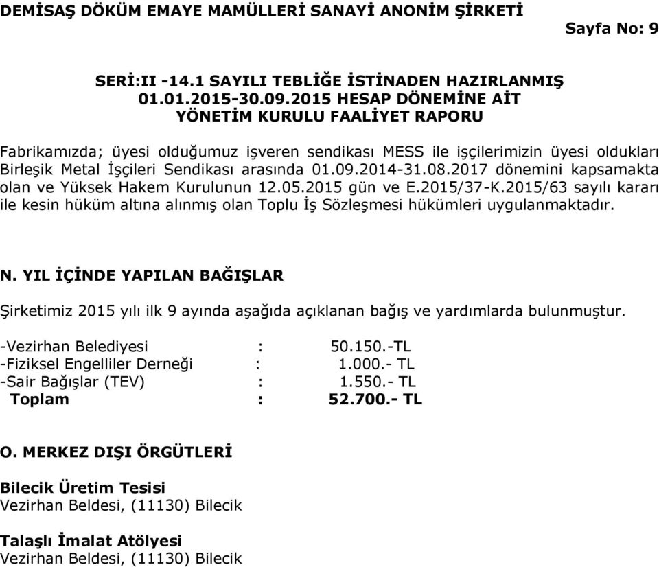 2015/63 sayılı kararı ile kesin hüküm altına alınmış olan Toplu İş Sözleşmesi hükümleri uygulanmaktadır. N.