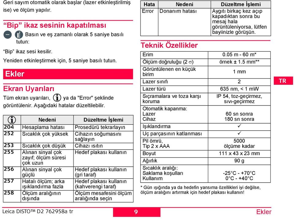 edeni Düzeltme İşlemi 204 esaplama hatası Prosedürü tekrarlayın 252 ıcaklık çok yüksek Cihazın soğumasını sağlayın 253 ıcaklık çok düşük Cihazı ısıtın 255 Alınan sinyal çok edef plakası kullanın