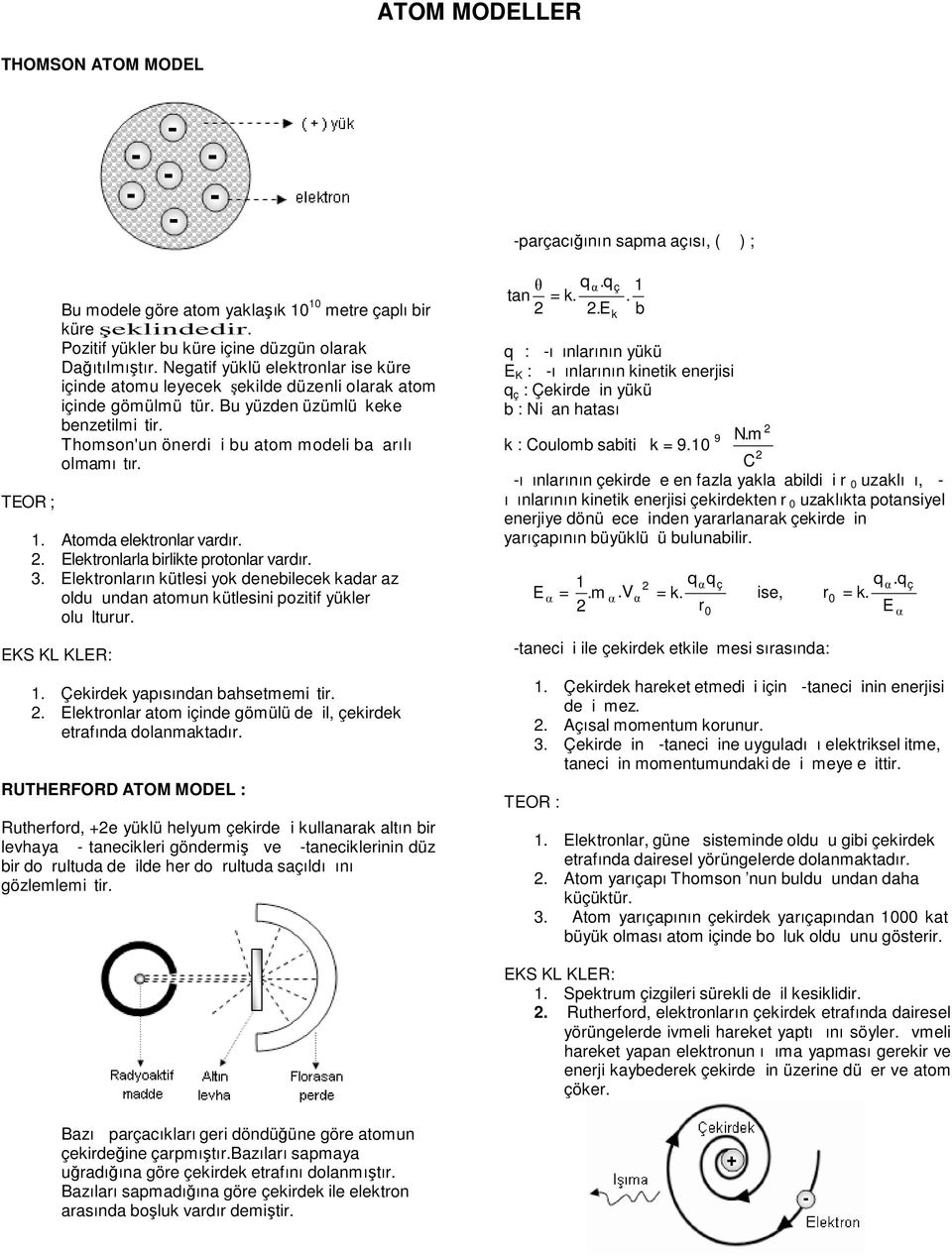 . k b q : -ı ılaıı yükü K : -ı ılaıı kietik eejisi q ç : Çekide i yükü b : Ni a hatası Thomso'u öedi i bu atom modeli ba aılı k : Coulomb sabiti k = 9.10 9 N.m olmamı tı. 1. Atomda elektola vadı.