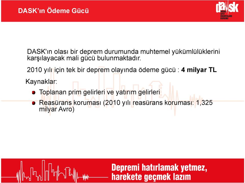 2010 y$l$ için tek bir deprem olay$nda ödeme gücü : 4 milyar TL Kaynaklar: