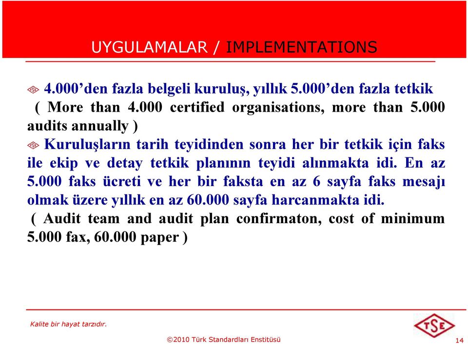 000 audits annually ) Kuruluşların tarih teyidinden sonra her bir tetkik için faks ile ekip ve detay tetkik planının teyidi