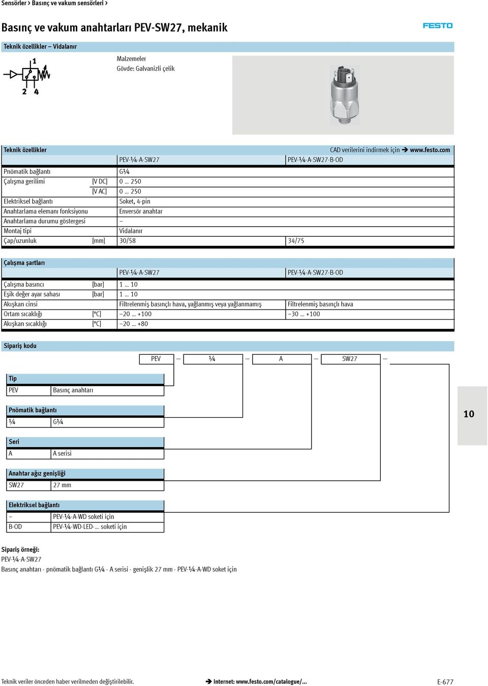 30/58 34/75 Çalıșma șartları PEV-¼-A-SW27 PEV-¼-A-SW27-B-OD Çalıșma basıncı [bar] 1 Eșikdeğerayarsahası [bar] 1 Akıșkan cinsi Filtrelenmiș basınçlı hava, yağlanmıș veya yağlanmamıș Filtrelenmiș