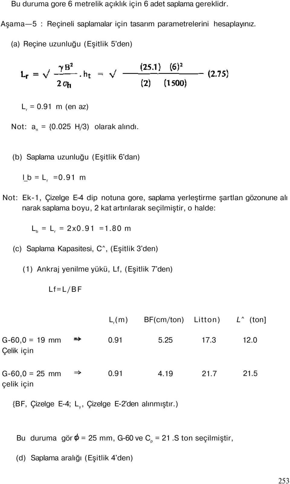 91 m Not: Ek-1, Çizelge E-4 dip notuna gore, saplama yerleştirme şartlan gözonune alı narak saplama boyu, 2 kat artırılarak seçilmiştir, o halde: L b = L r = 2x0.91 =1.