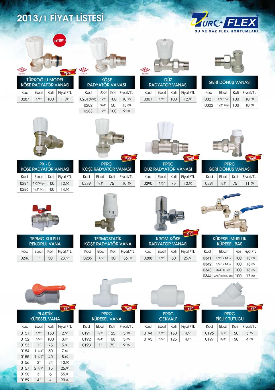 00 PX - B KÖŞE RADYATÖR VANASI PPRC KÖŞE RADYATÖR VANASI PPRC DÜZ RADYATÖR VANASI PPRC GERİ DÖNÜŞ VANASI 0284 1/2 Köşe 100 12.00 0289 1/2 75 10.50 0290 1/2 75 12.50 0291 1/2 75 11.