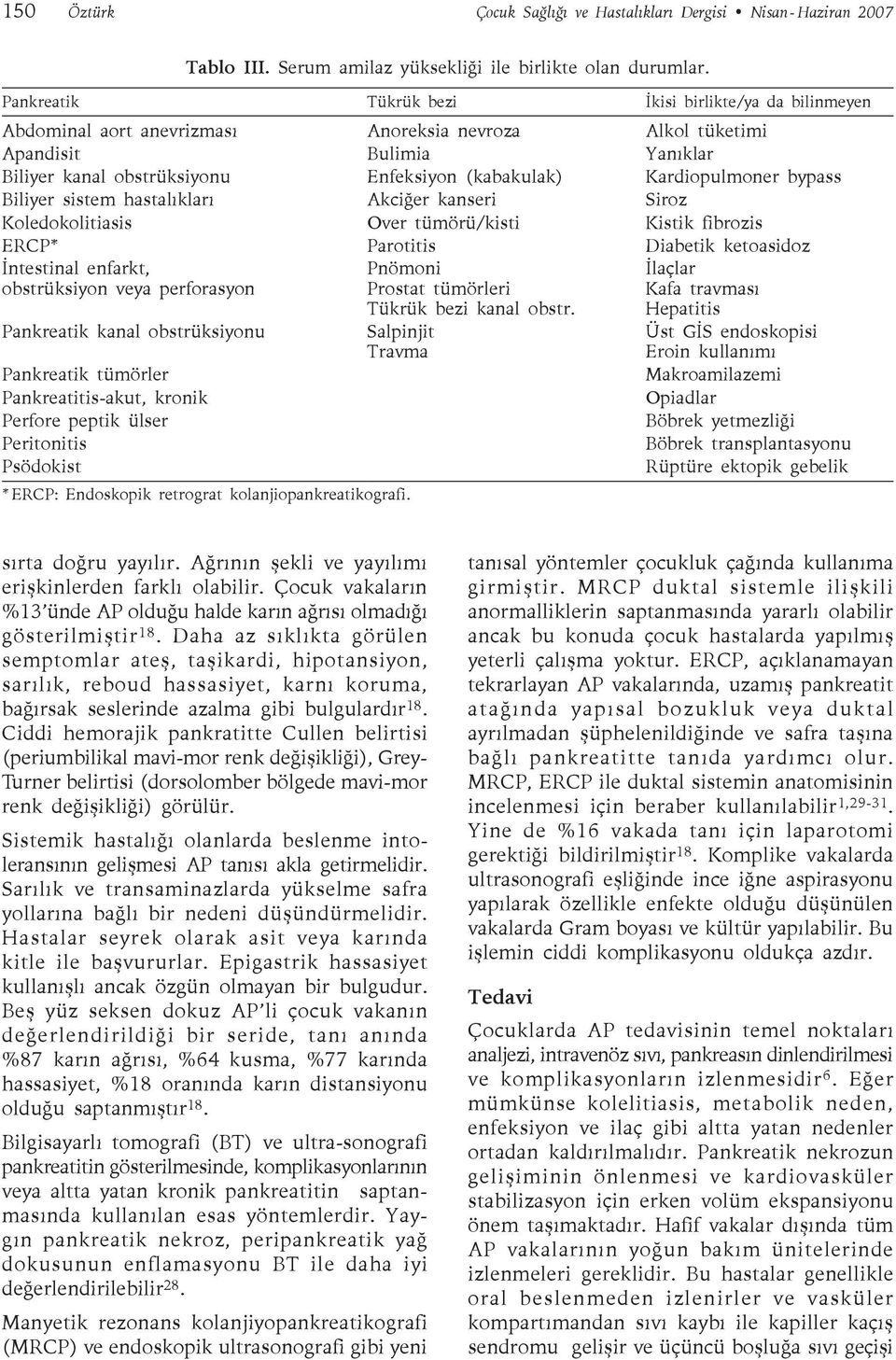 Kardiopulmoner bypass Biliyer sistem hastalıkları Akciğer kanseri Siroz Koledokolitiasis Over tümörü/kisti Kistik fibrozis ERCP* Parotitis Diabetik ketoasidoz İntestinal enfarkt, obstrüksiyon veya