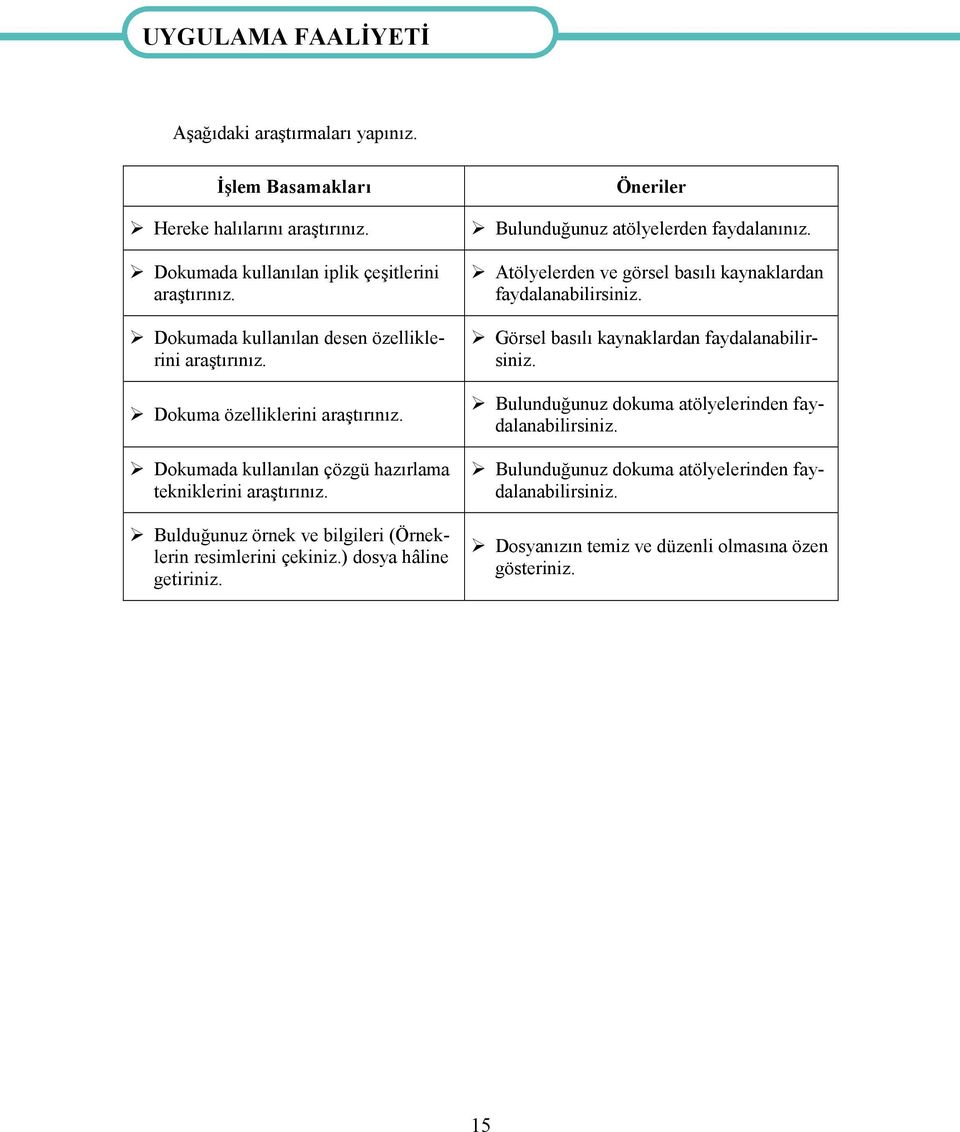 Görsel basılı kaynaklardan faydalanabilirsiniz. Dokuma özelliklerini araştırınız. Bulunduğunuz dokuma atölyelerinden faydalanabilirsiniz.