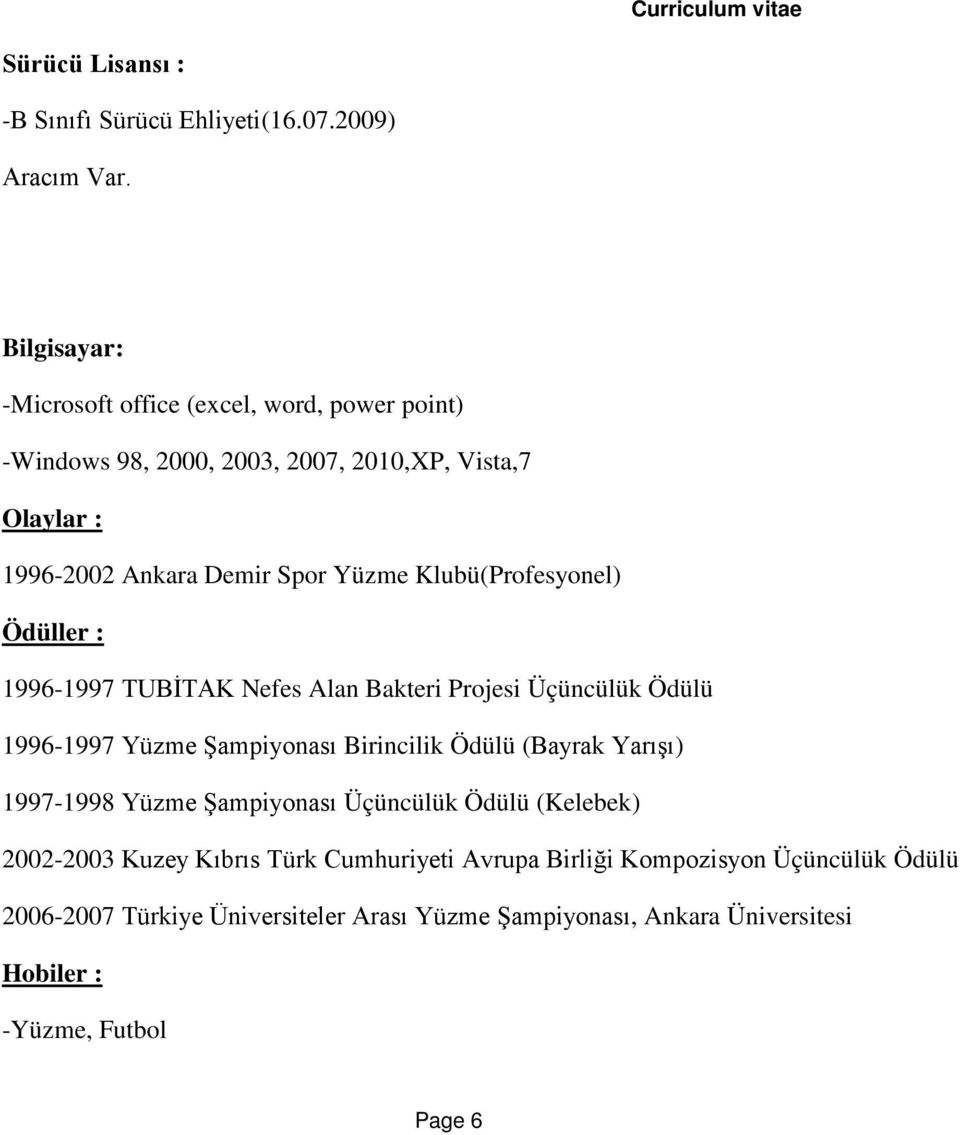 Klubü(Profesyonel) Ödüller : 1996-1997 TUBİTAK Nefes Alan Bakteri Projesi Üçüncülük Ödülü 1996-1997 Yüzme Şampiyonası Birincilik Ödülü (Bayrak Yarışı)