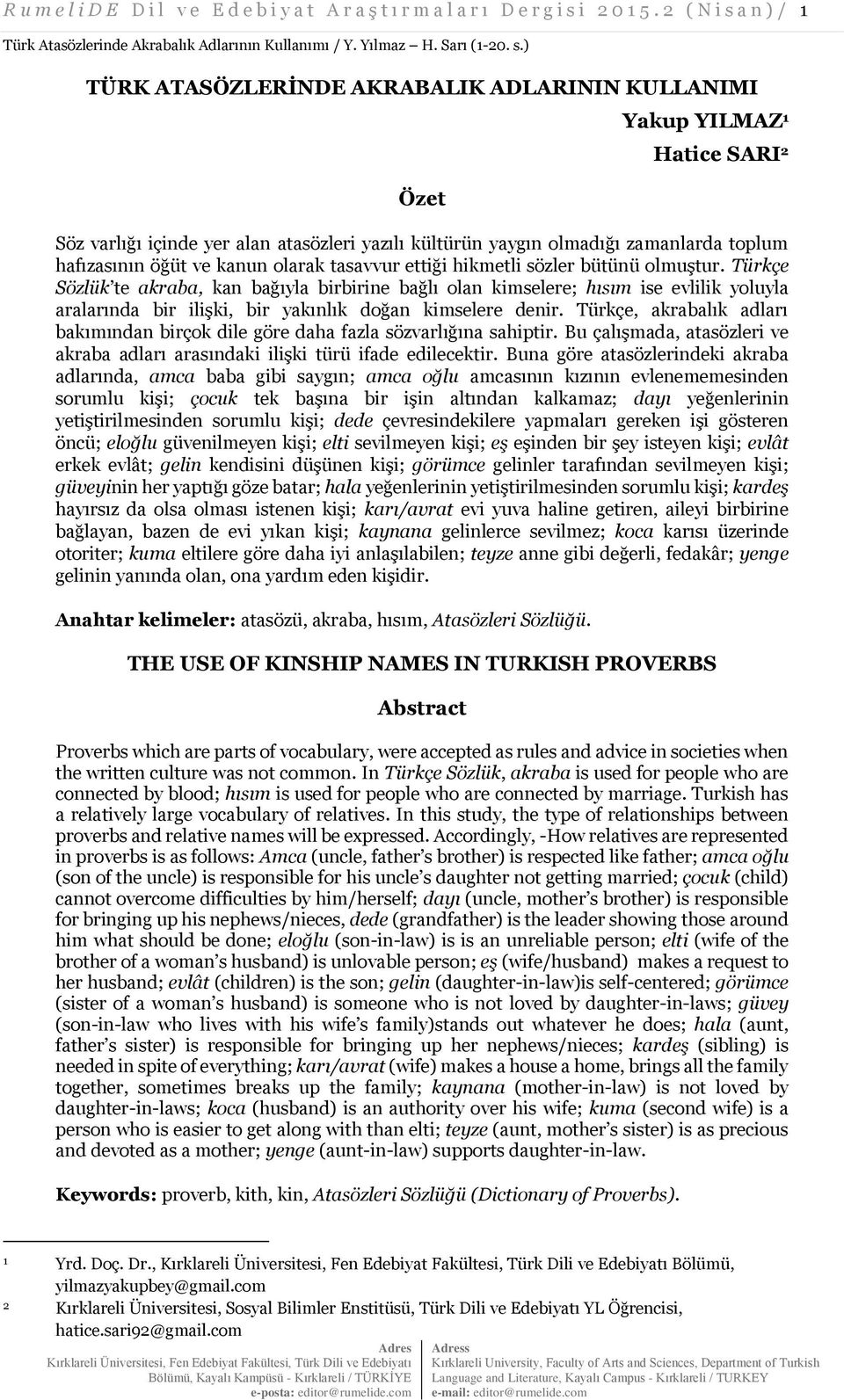 a n ) / 1 Türk Atasözlerinde Akrabalık Adlarının Kullanımı / Y. Yılmaz H. Sarı (1-20. s.