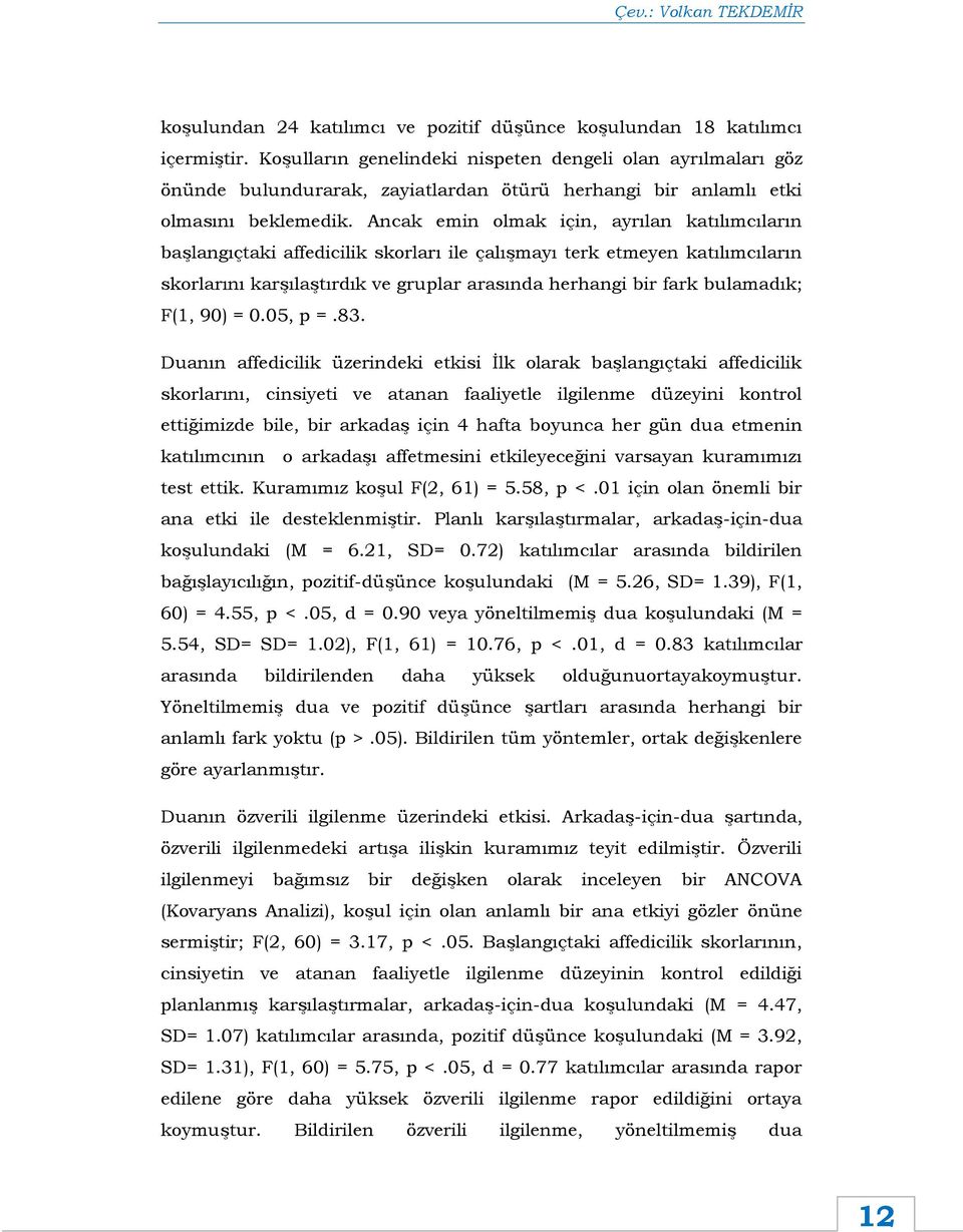 Ancak emin olmak için, ayrılan katılımcıların başlangıçtaki affedicilik skorları ile çalışmayı terk etmeyen katılımcıların skorlarını karşılaştırdık ve gruplar arasında herhangi bir fark bulamadık;