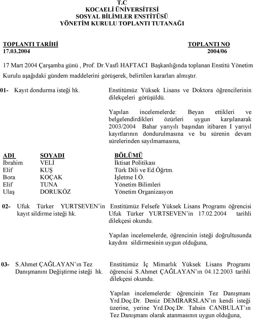 Enstitümüz Yüksek Lisans ve Doktora öğrencilerinin dilekçeleri görüşüldü. ADI SOYADI BÖL