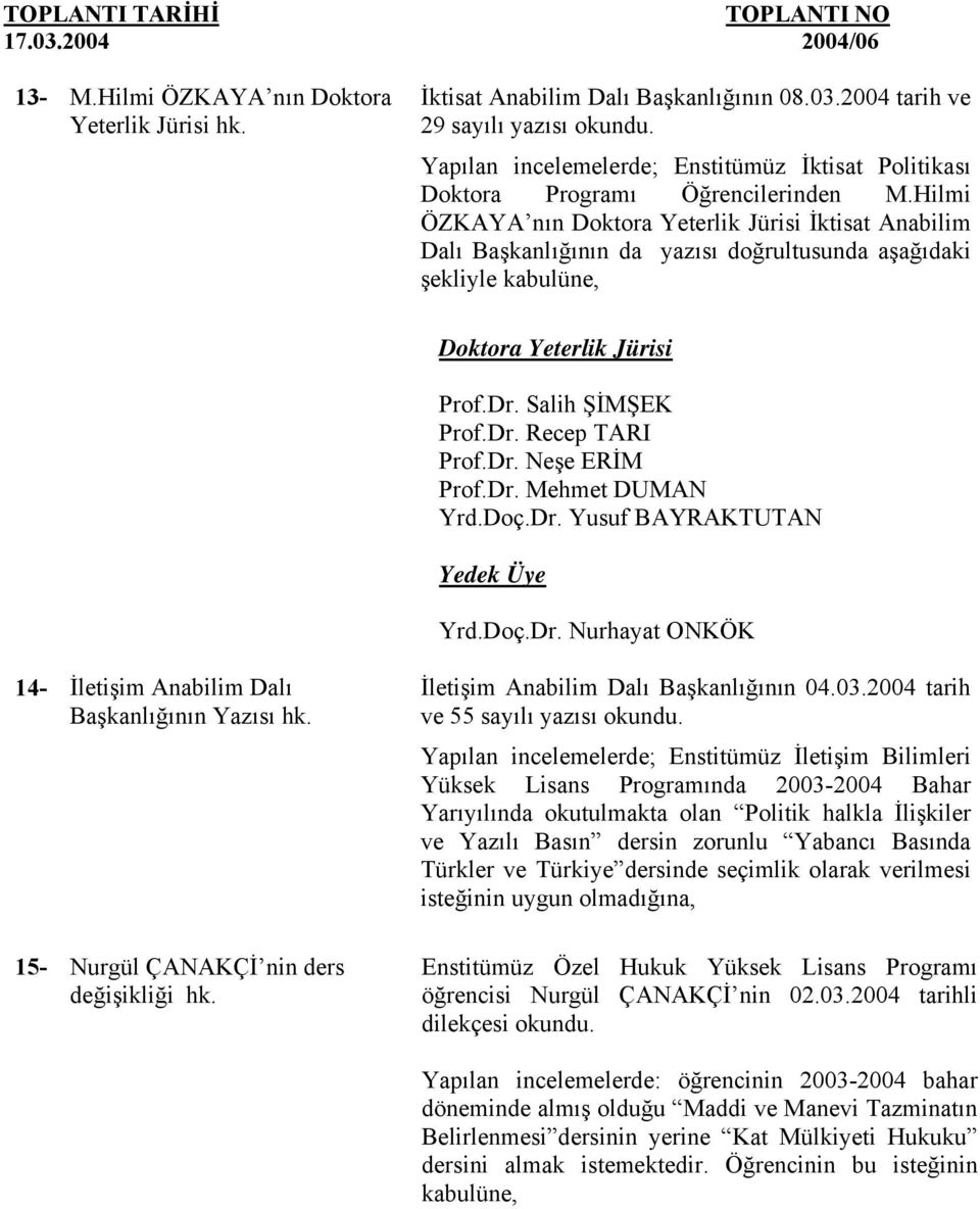 Hilmi ÖZKAYA nın Doktora Yeterlik Jürisi İktisat Anabilim Dalı Başkanlığının da yazısı doğrultusunda aşağıdaki şekliyle kabulüne, Doktora Yeterlik Jürisi Prof.Dr. Salih ŞİMŞEK Prof.Dr. Recep TARI Prof.