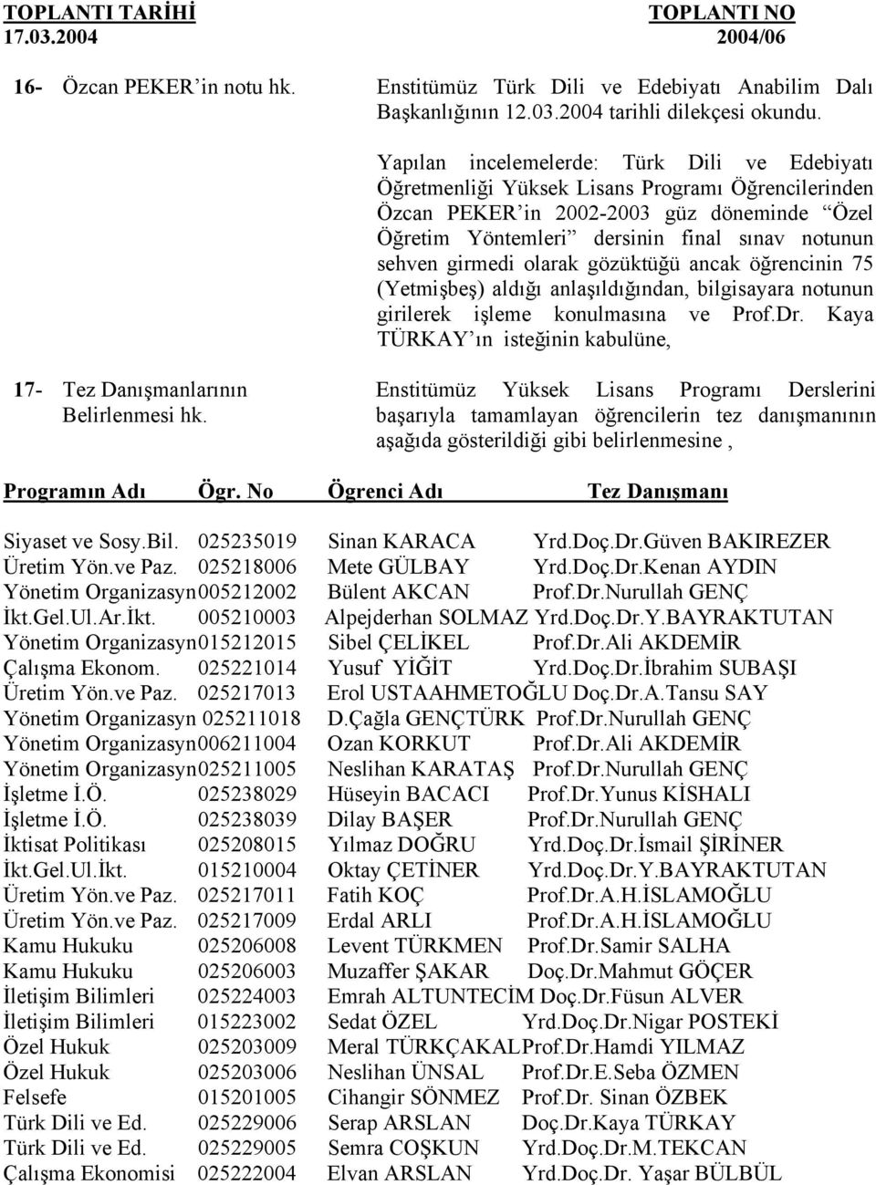 notunun sehven girmedi olarak gözüktüğü ancak öğrencinin 75 (Yetmişbeş) aldığı anlaşıldığından, bilgisayara notunun girilerek işleme konulmasına ve Prof.Dr.