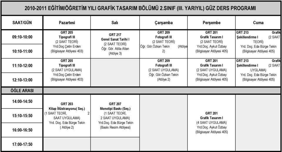 Atilla Altan GRT 209 Fotografi III (Atölye 2) GRT 213 Grafik Şekillendirme I (2 SAAT TEORİ) GRT 205 Tipografi III Yrd.Doç.