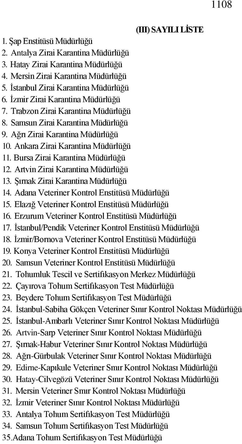 Bursa Zirai Karantina Müdürlüğü 12. Artvin Zirai Karantina Müdürlüğü 13. Şırnak Zirai Karantina Müdürlüğü 14. Adana Veteriner Kontrol Enstitüsü Müdürlüğü 15.