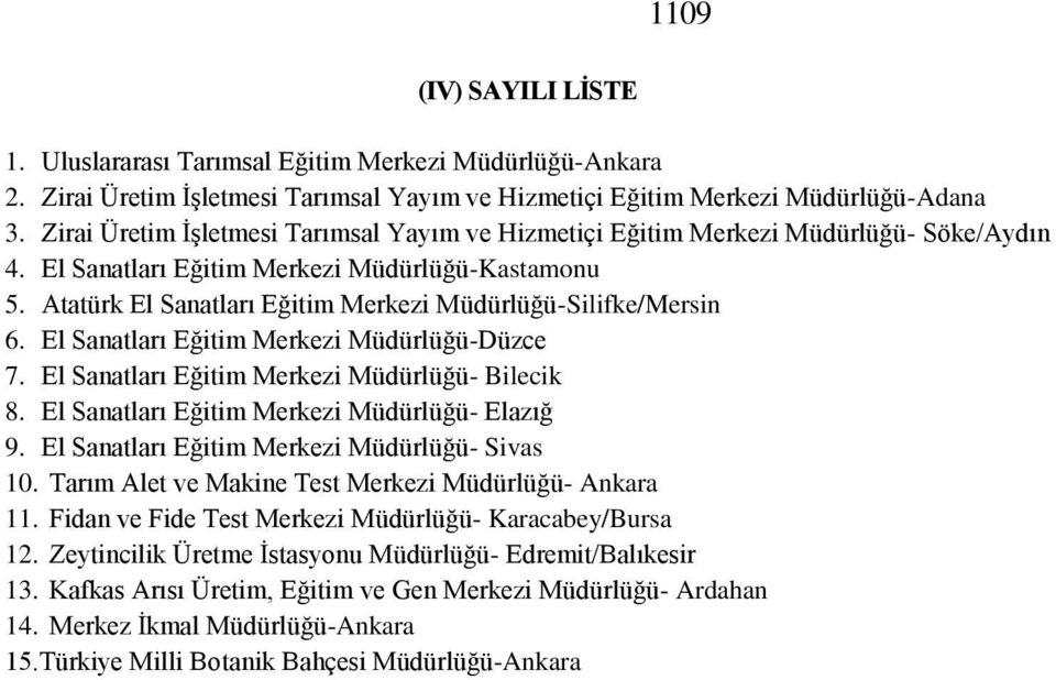 Atatürk El Sanatları Eğitim Merkezi Müdürlüğü-Silifke/Mersin 6. El Sanatları Eğitim Merkezi Müdürlüğü-Düzce 7. El Sanatları Eğitim Merkezi Müdürlüğü- Bilecik 8.