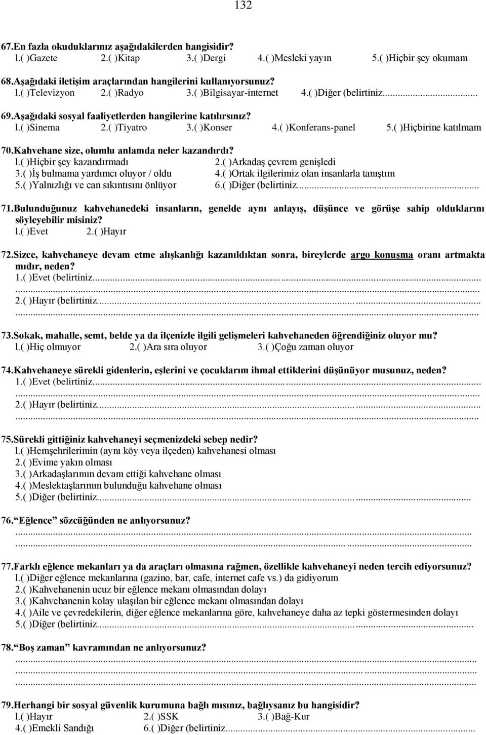 ( )Hiçbirine katılmam 70.Kahvehane size, olumlu anlamda neler kazandırdı? l.( )Hiçbir şey kazandırmadı 2.( )Arkadaş çevrem genişledi 3.( )İş bulmama yardımcı oluyor / oldu 4.