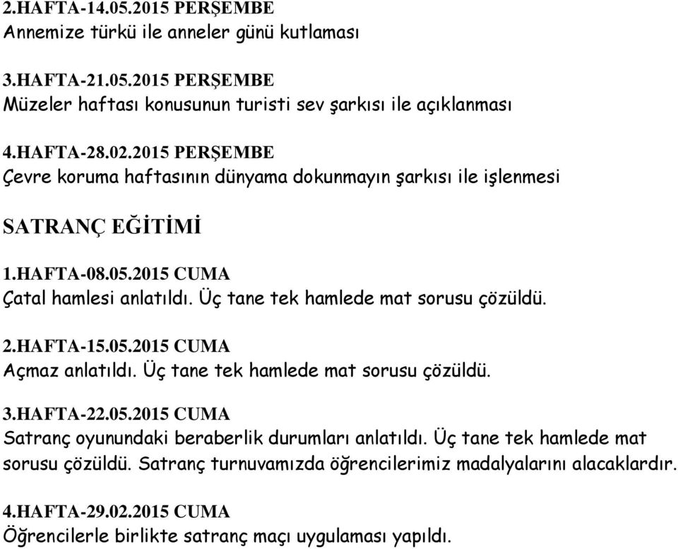 Üç tane tek hamlede mat sorusu çözüldü. 2.HAFTA-15.05.2015 CUMA Açmaz anlatıldı. Üç tane tek hamlede mat sorusu çözüldü. 3.HAFTA-22.05.2015 CUMA Satranç oyunundaki beraberlik durumları anlatıldı.