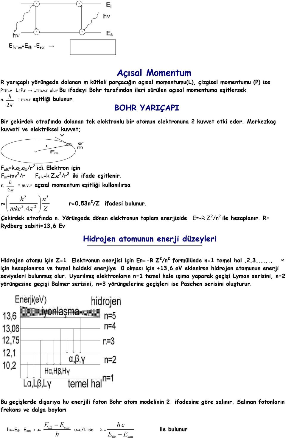 BOHR YARIÇAPI Bir çekirdek etrafında dolanan tek elektronlu bir atomun elektronuna kuvvet etki eder. Merkezkaç kuvveti ve elektriksel kuvvet; F elk =k.q 1.q /r idi. Elektron için F m =mv /r F elk =k.