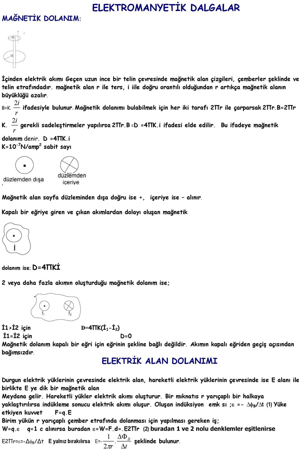 B=Πr K. r i r gerekli sadeleştirmeler yapılırsa Πr.B =D =4ΠK.i ifadesi elde edilir. Bu ifadeye mağnetik dolanım denir. D =4ΠK.