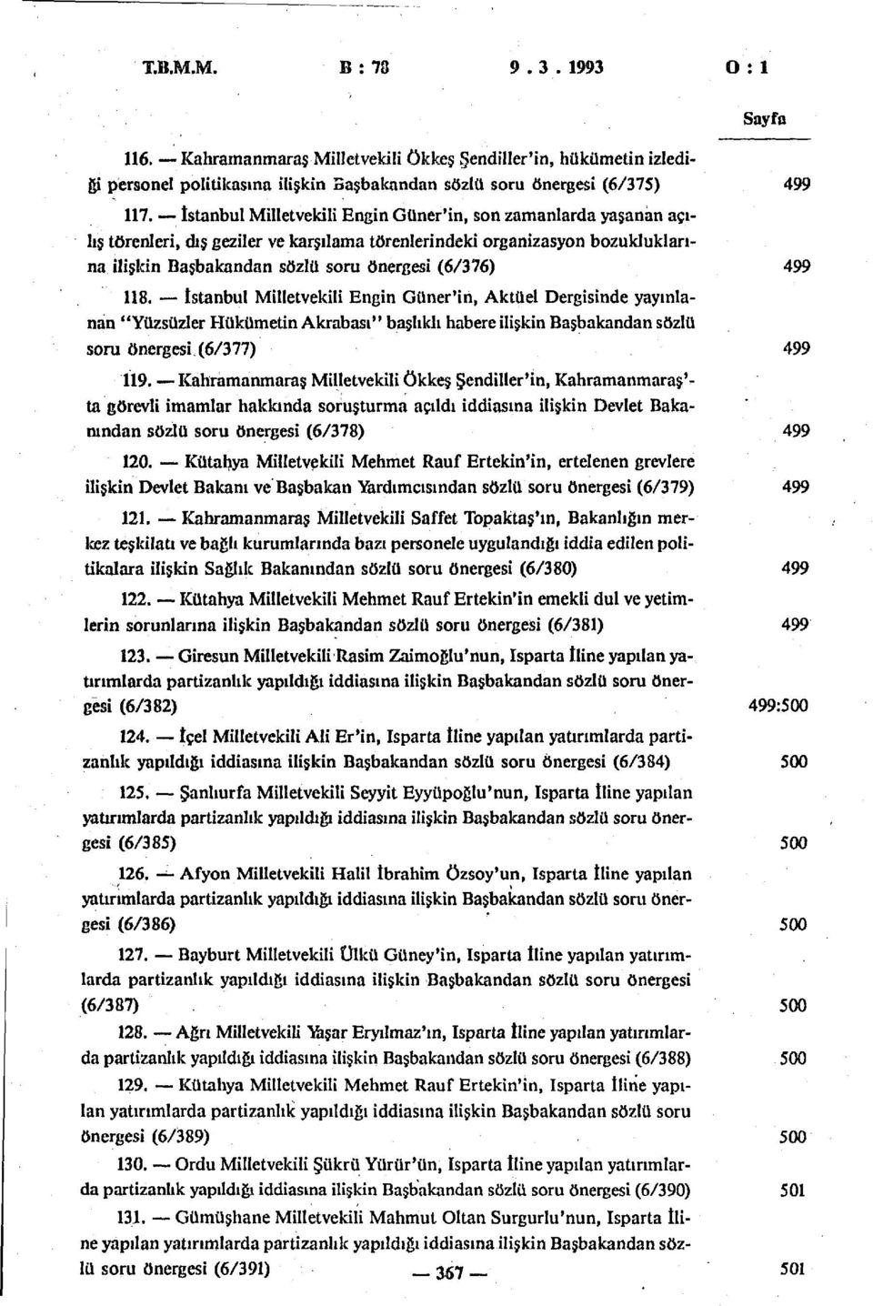 118. İstanbul Milletvekili Engin Güner'in, Aktüel Dergisinde yayınlanan "Yüzsüzler Hükümetin Akrabası" başlıklı habere ilişkin Başbakandan sözlü soru önergesi,(6/377) 499 119.