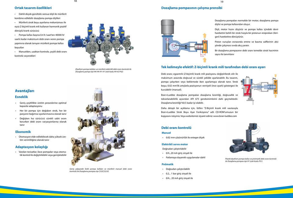 4 lt /saat ten 40000 lt/ saat e kadar maksimum debi oranı veren pompa yapımına olanak tanıyan münferit pompa kafası boyutları Manuelden, uzaktan kontrole, çeşitli debi oranı kontrolü seçenekleri r n