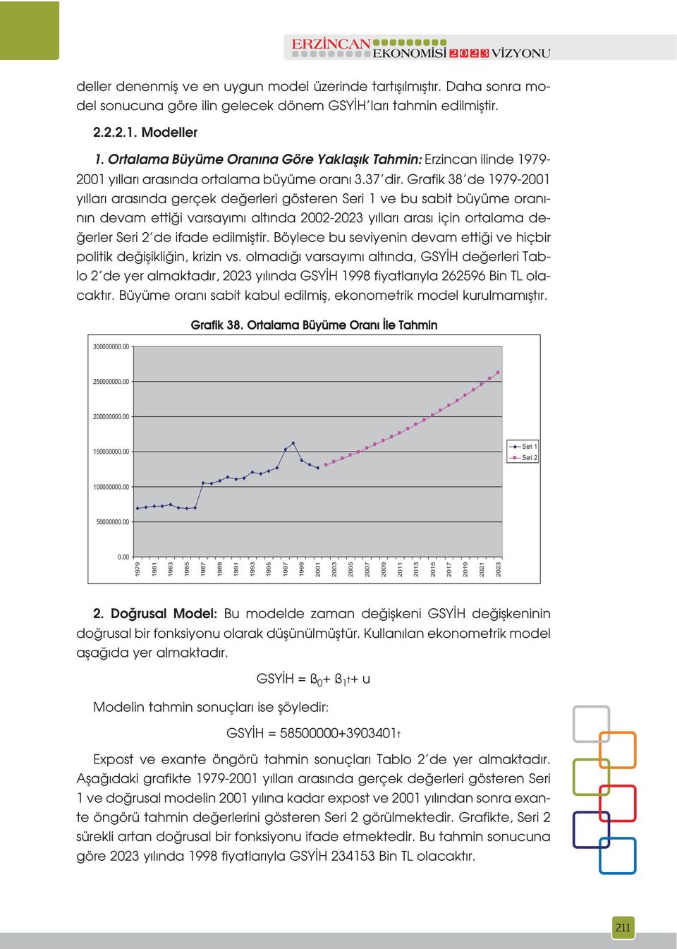 Grafik 38 de 1979-2001 y llar aras nda gerçek de erleri gösteren Seri 1 ve bu sabit büyüme oran - n n devam etti i varsay m alt nda 2002-2023 y llar aras için ortalama de- erler Seri 2 de ifade