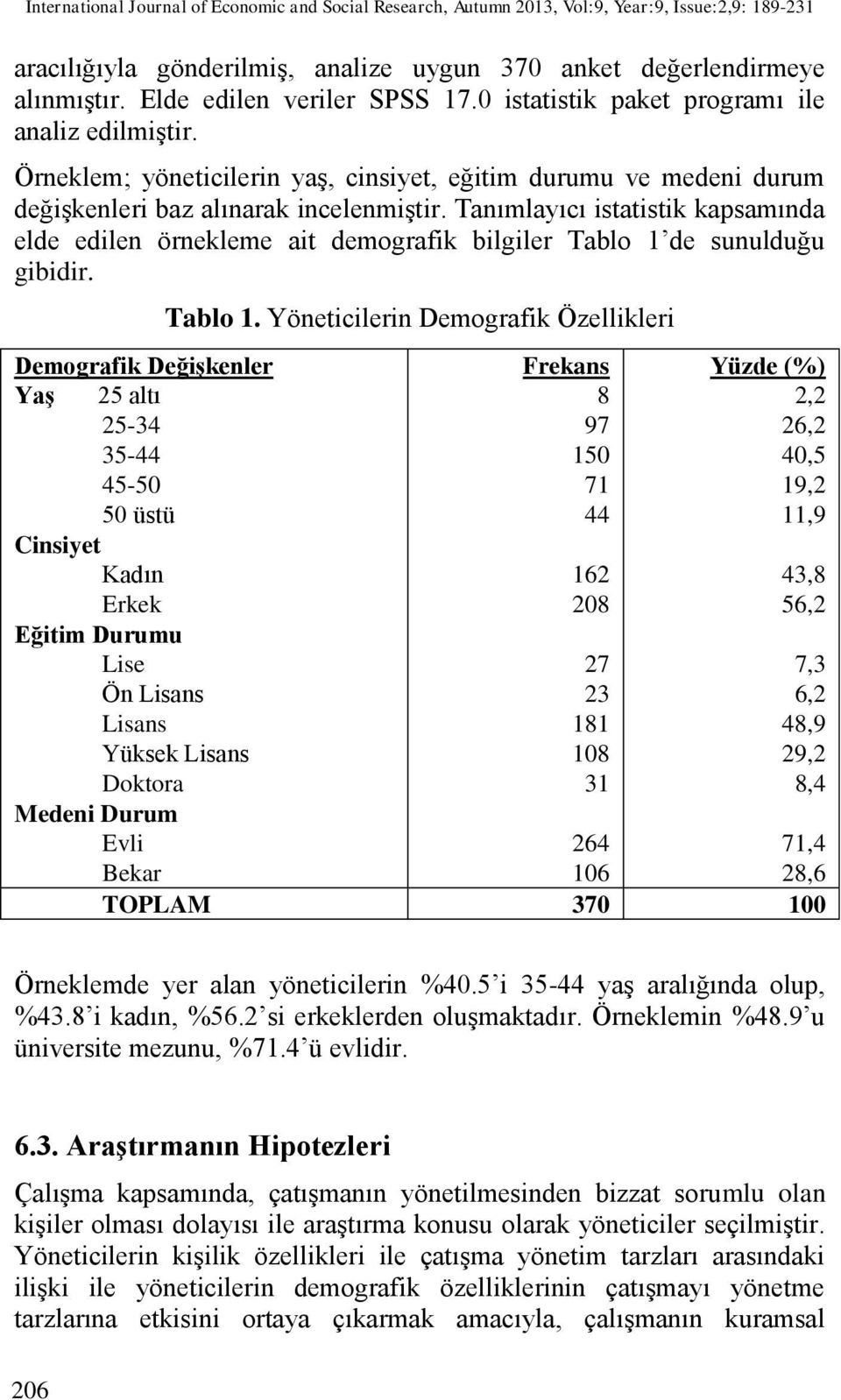 Tanımlayıcı istatistik kapsamında elde edilen örnekleme ait demografik bilgiler Tablo 1 de sunulduğu gibidir.