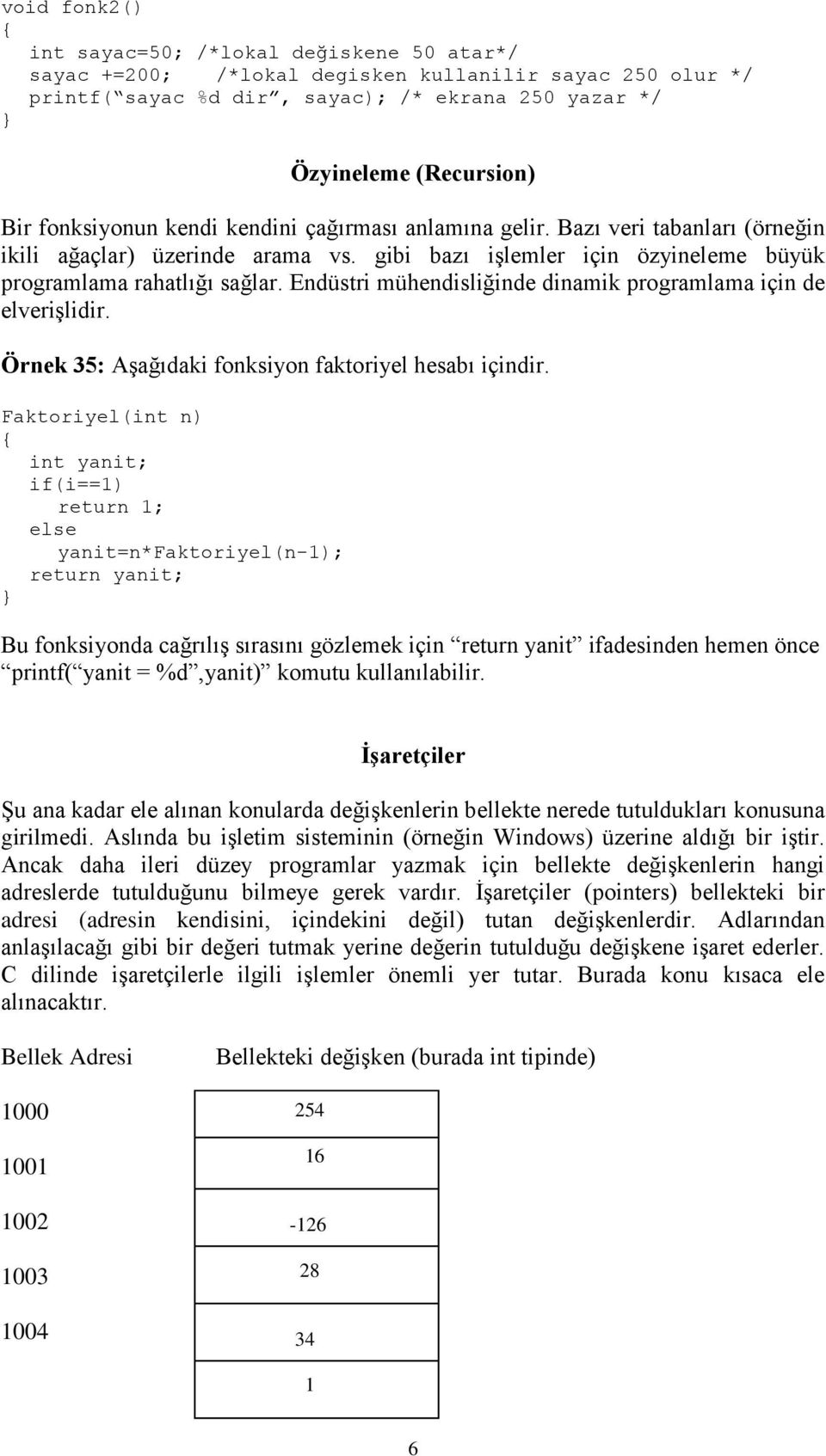 Endüstri mühendisliğinde dinamik programlama için de elverişlidir. Örnek 35: Aşağıdaki fonksiyon faktoriyel hesabı içindir.