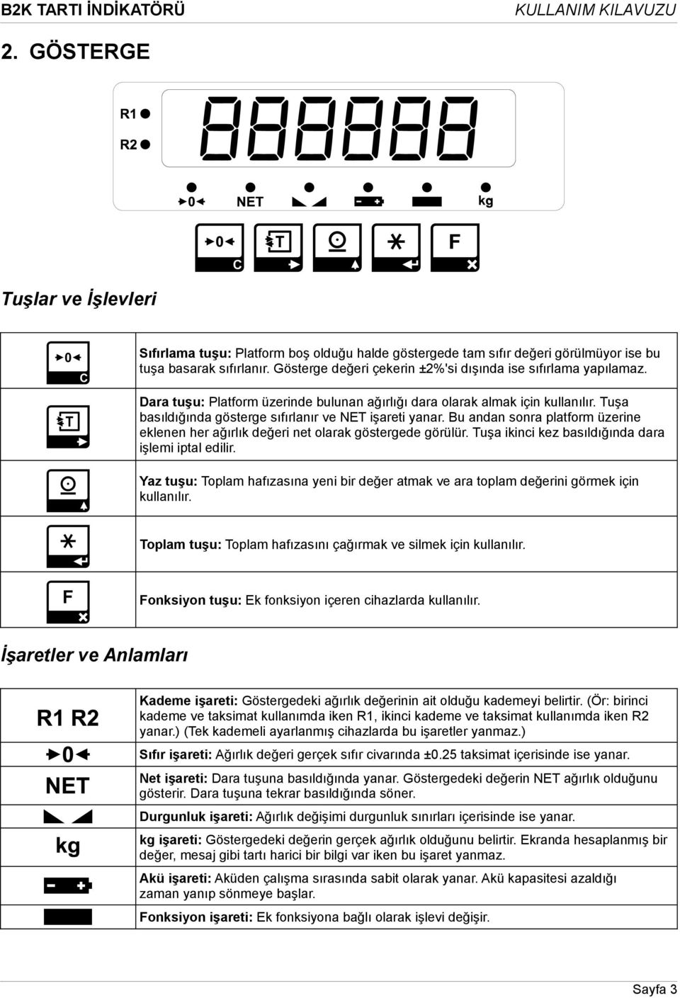 Tuşa basıldığında gösterge sıfırlanır ve NET işareti yanar. Bu andan sonra platform üzerine eklenen her ağırlık değeri net olarak göstergede görülür.