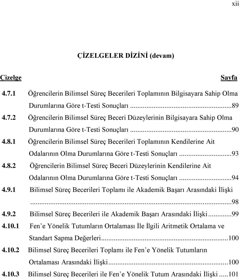 ..94 4.9.1 Bilimsel Süreç Becerileri Toplamı ile Akademik BaĢarı Arasındaki ĠliĢki...98 4.9.2 Bilimsel Süreç Becerileri ile Akademik BaĢarı Arasındaki ĠliĢki...99 4.10.