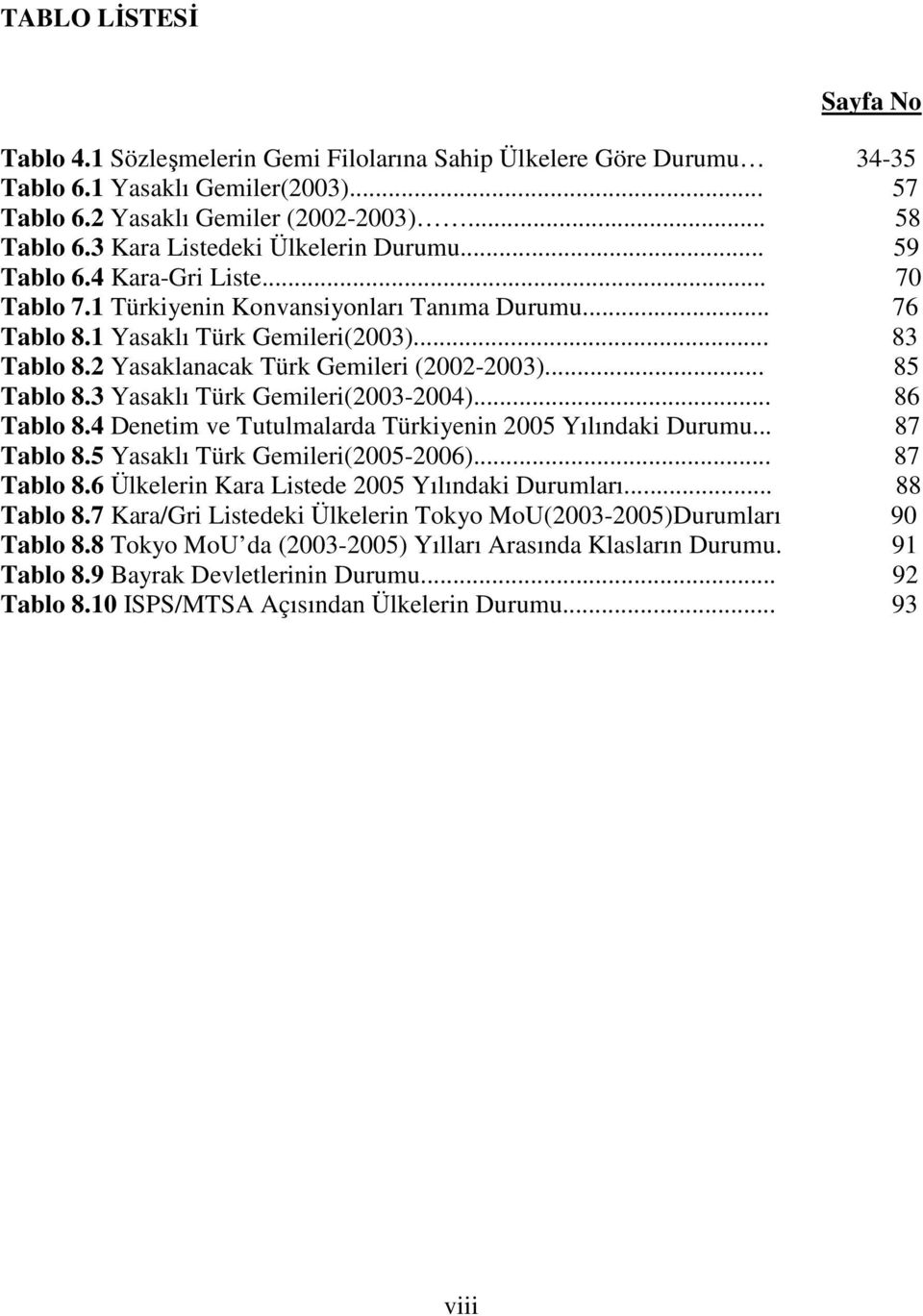 2 Yasaklanacak Türk Gemileri (2002-2003)... 85 Tablo 8.3 Yasaklı Türk Gemileri(2003-2004)... 86 Tablo 8.4 Denetim ve Tutulmalarda Türkiyenin 2005 Yılındaki Durumu... 87 Tablo 8.