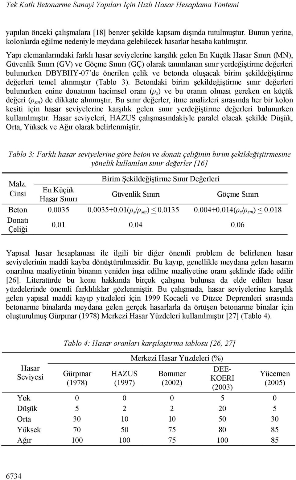 Yapı elemanlarındaki farklı hasar seviyelerine karşılık gelen En Küçük Hasar Sınırı (MN), Güvenlik Sınırı (GV) ve Göçme Sınırı (GÇ) olarak tanımlanan sınır yerdeğiştirme değerleri bulunurken