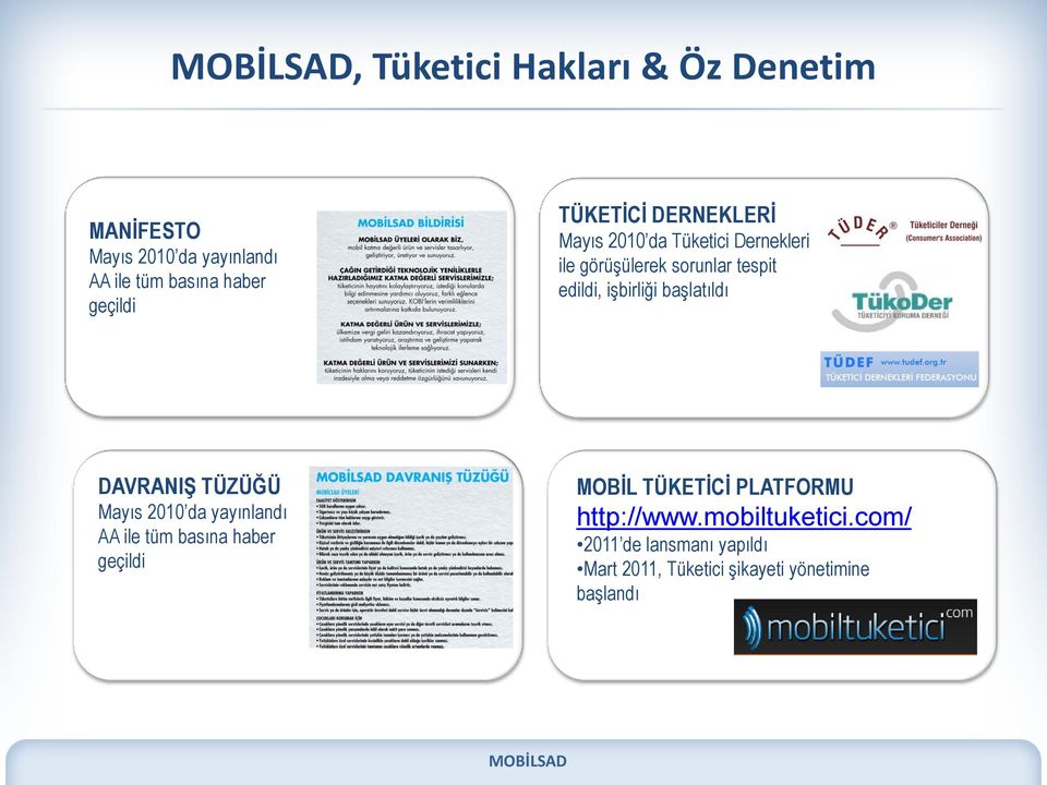 başlatıldı DAVRANIŞ TÜZÜĞÜ Mayıs 2010 da yayınlandı AA ile tüm basına haber geçildi MOBİL TÜKETİCİ