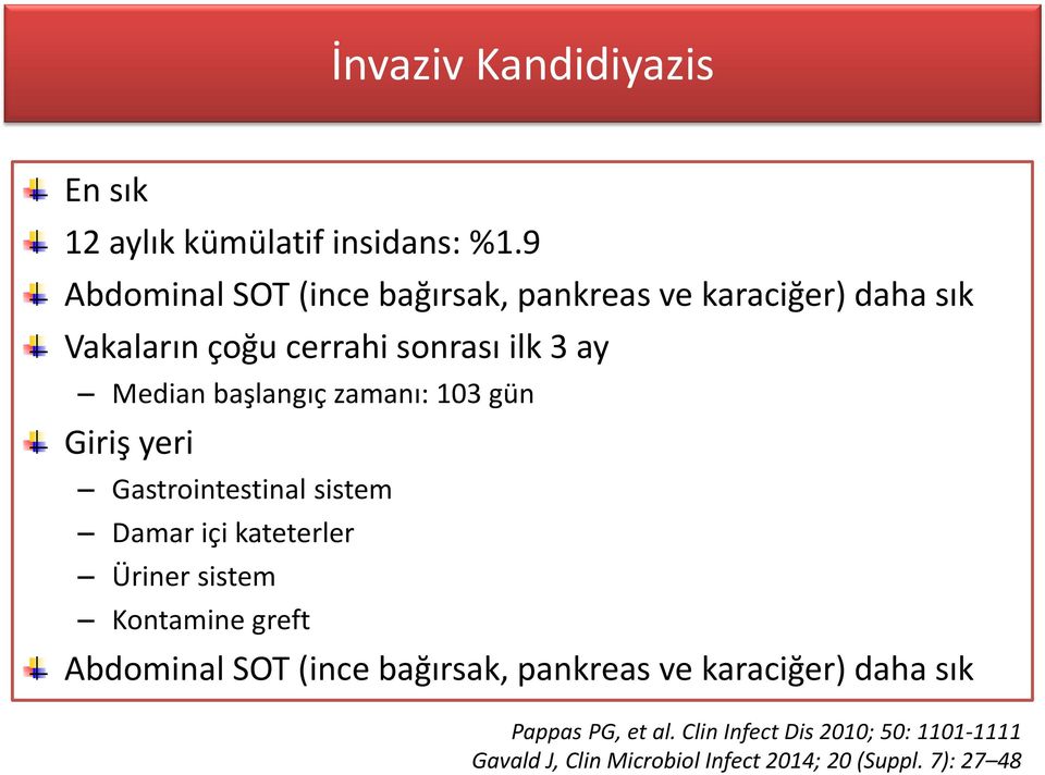 başlangıç zamanı: 103 gün Giriş yeri Gastrointestinal sistem Damar içi kateterler Üriner sistem Kontamine greft