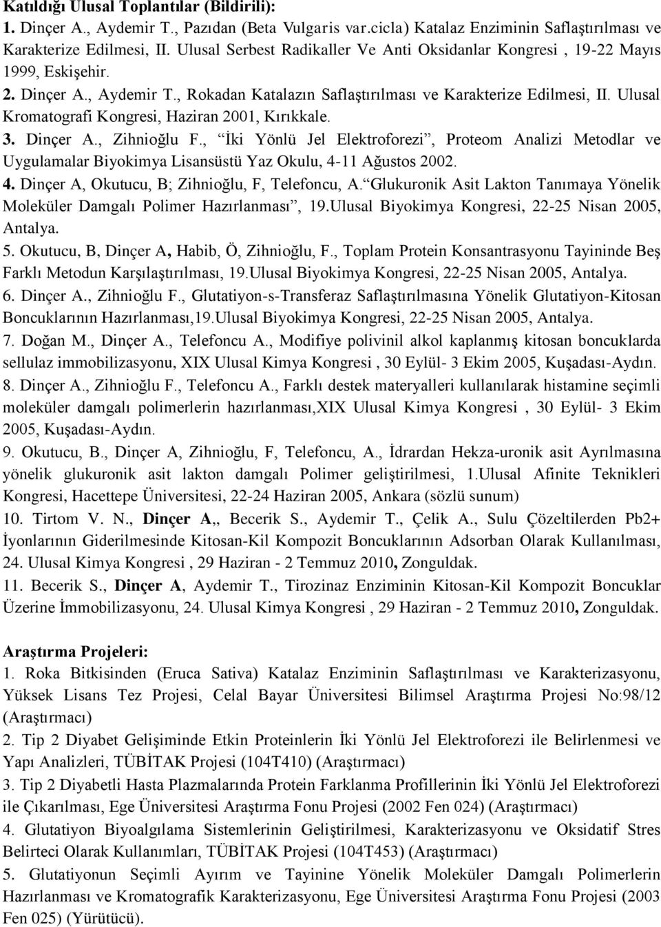 Ulusal Kromatografi Kongresi, Haziran 2001, Kırıkkale. 3. Dinçer A., Zihnioğlu F.