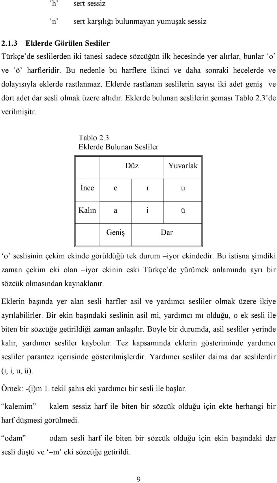 Eklerde bulunan seslilerin şeması Tablo 2.3 de verilmişitr. Tablo 2.3 Eklerde Bulunan Sesliler Düz Yuvarlak İnce e ı u Kalın a i ü Geniş Dar o seslisinin çekim ekinde görüldüğü tek durum iyor ekindedir.