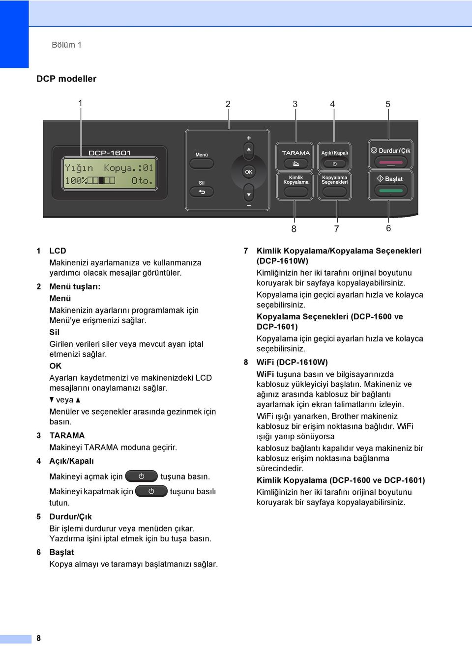 OK Ayarları kaydetmenizi ve makinenizdeki LCD mesajlarını onaylamanızı sağlar. b veya a Menüler ve seçenekler arasında gezinmek için basın. 3 TARAMA Makineyi TARAMA moduna geçirir.