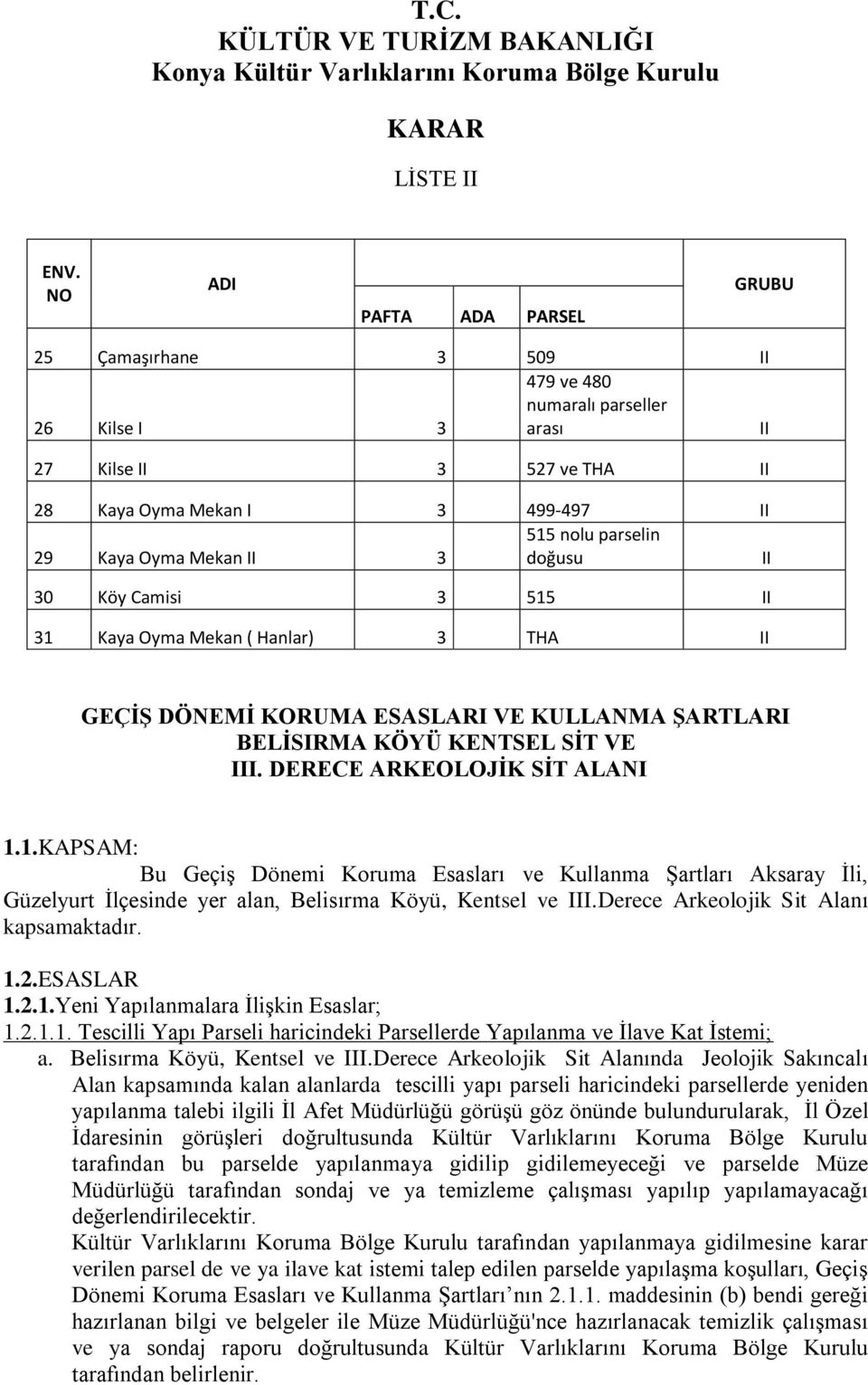 Mekan II 3 doğusu II 30 Köy Camisi 3 515 II 31 Kaya Oyma Mekan ( Hanlar) 3 THA II GEÇİŞ DÖNEMİ KORUMA ESASLARI VE KULLANMA ŞARTLARI BELİSIRMA KÖYÜ KENTSEL SİT VE III. DERECE ARKEOLOJİK SİT ALANI 1.1.KAPSAM: Bu Geçiş Dönemi Koruma Esasları ve Kullanma Şartları Aksaray İli, Güzelyurt İlçesinde yer alan, Belisırma Köyü, Kentsel ve III.