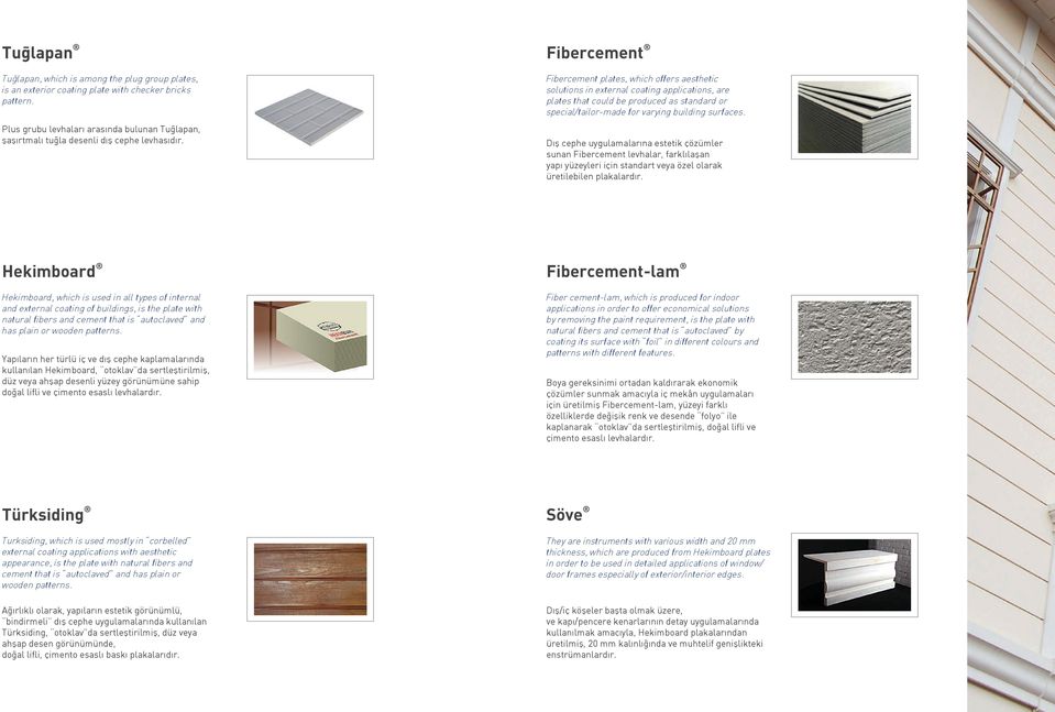 Fibercement Fibercement plates, which offers aesthetic solutions in external coating applications, are plates that could be produced as standard or special/tailor-made for varying building surfaces.