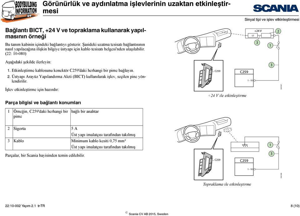 Etkinleştirme kablosunu konektör C259'daki herhangi bir pime bağlayın. 2. Üstyapı Arayüz Yapılandırma Aleti (BICT) kullanılarak işlev, seçilen pine yönlendirilir.