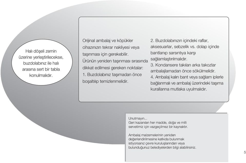 dolap içinde bantlan p sars nt ya karfl sa lamlaflt r lmal d r. 3. Kondansere tak lan arka takozlar ambalajlamadan önce sökülmelidir. 4.