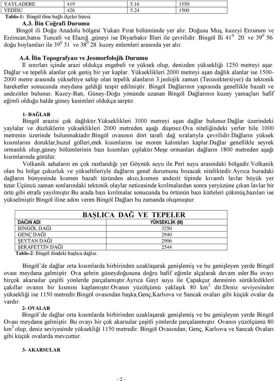 Bingöl Ġli 41 0 20 ve 39 0 56 doğu boylamları ile 39 0 31 ve 38 0 28 kuzey enlemleri arasında yer alır. A.4. Ġlin Topografyası ve Jeomorfolojik Durumu Ġl sınırları içinde arazi oldukça engebeli ve yüksek olup, denizden yüksekliği 1250 metreyi aģar.